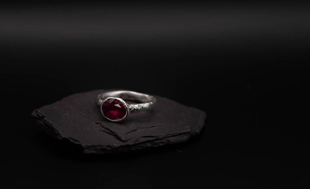 Brutalist Silver Clay Ring with Lab Grown Ruby